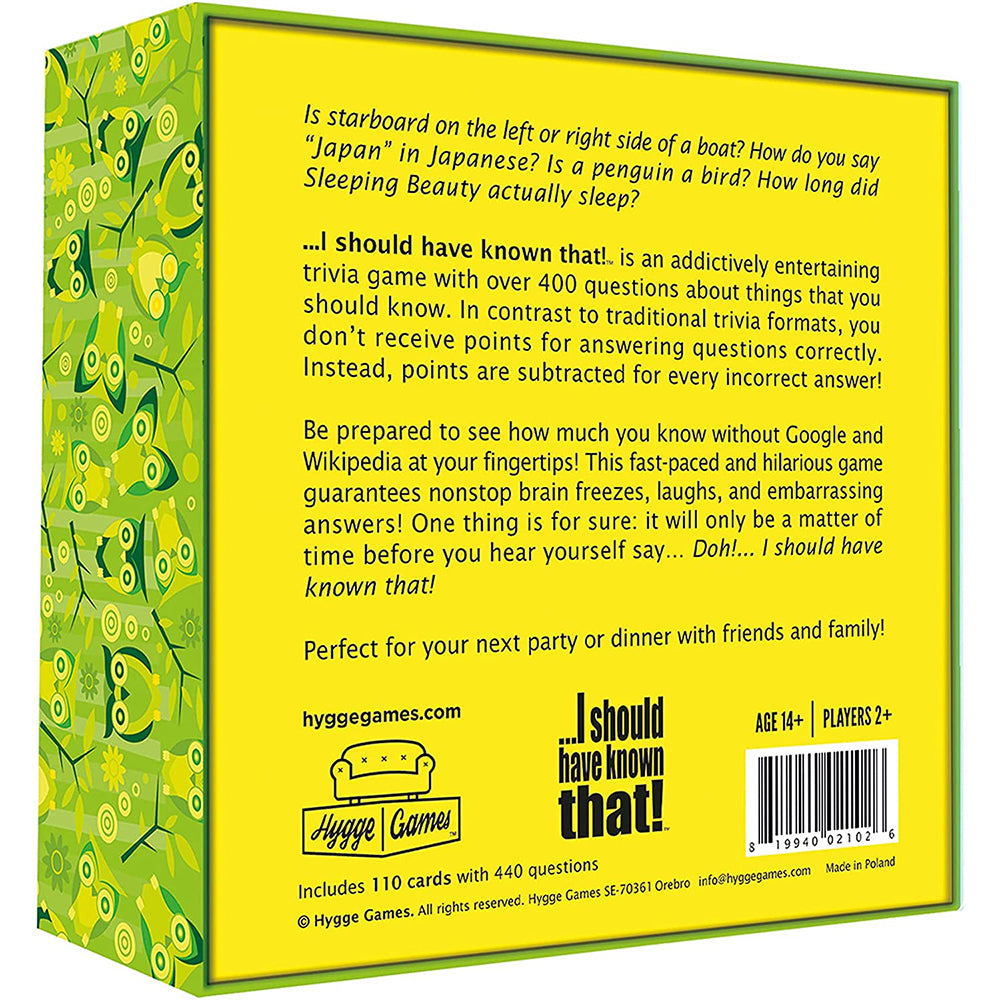 I should have known that! Trivia Game Green board game 110 cards with more than 400 questions about things that you should know Card Game Party Game