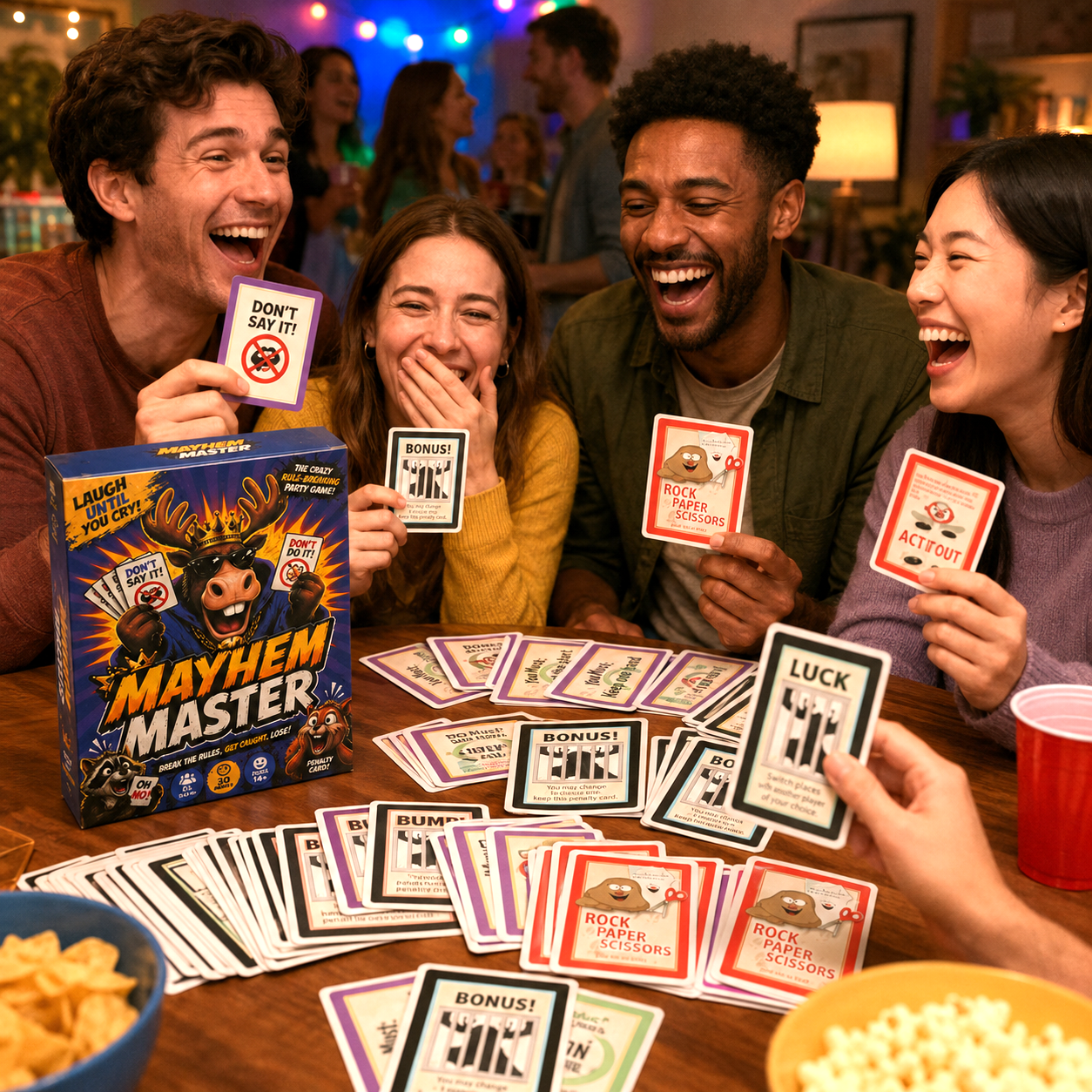 Mayhem Master Fast Reaction Card Game With 110 Cards Rule Breaking Challenges Memory Trap Gameplay Hilarious Social Interaction Quick Thinking Party Entertainment Chaotic Tabletop Fun Penalty Card Mechanics Fast Pace