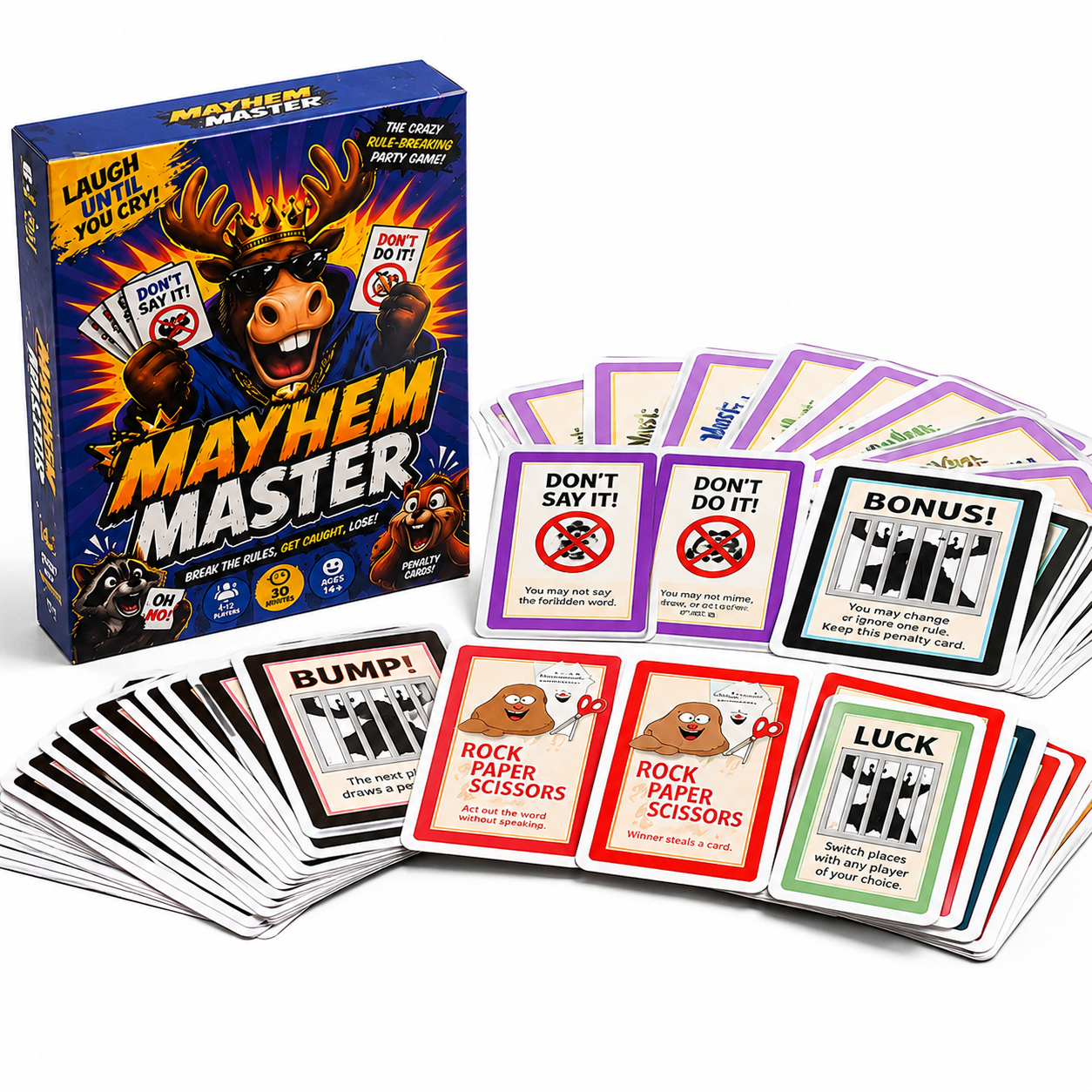 Mayhem Master Fast Reaction Card Game With 110 Cards Rule Breaking Challenges Memory Trap Gameplay Hilarious Social Interaction Quick Thinking Party Entertainment Chaotic Tabletop Fun Penalty Card Mechanics Fast Pace