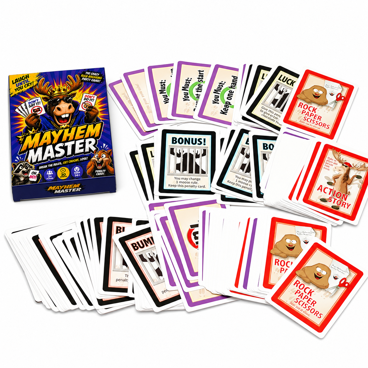 Mayhem Master Fast Reaction Card Game With 110 Cards Rule Breaking Challenges Memory Trap Gameplay Hilarious Social Interaction Quick Thinking Party Entertainment Chaotic Tabletop Fun Penalty Card Mechanics Fast Pace