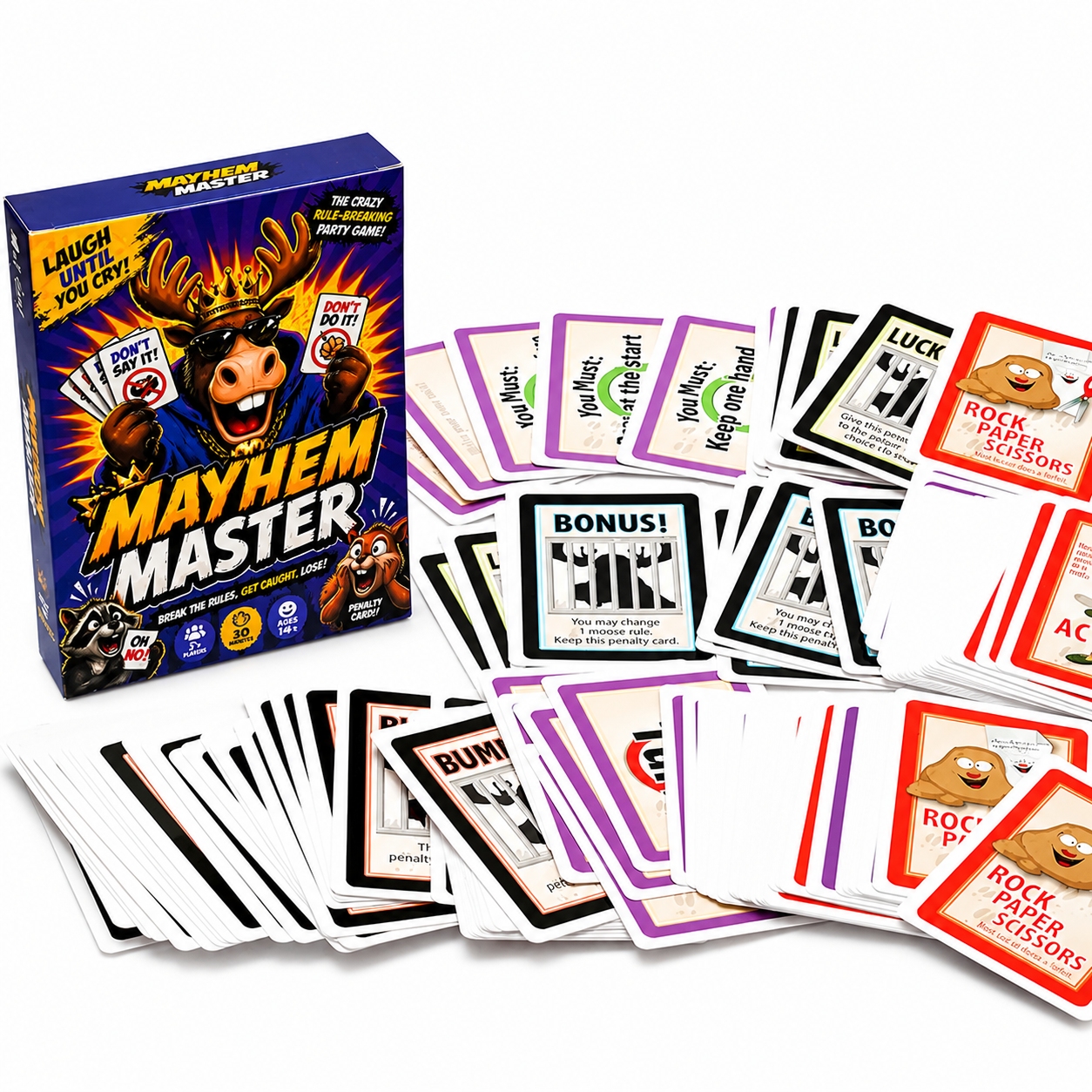 Mayhem Master Fast Reaction Card Game With 110 Cards Rule Breaking Challenges Memory Trap Gameplay Hilarious Social Interaction Quick Thinking Party Entertainment Chaotic Tabletop Fun Penalty Card Mechanics Fast Pace