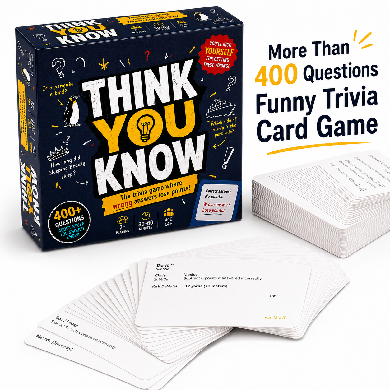 Funny Trivia Card Game Everyday Knowledge Challenge Brain Teaser Party Game Fast Thinking Question Battle Social Conversation Game Contains 110 Cards More Than 400 Questions Wrong Answers Lose Points Travel Friendly Family Gathering Game Replayable