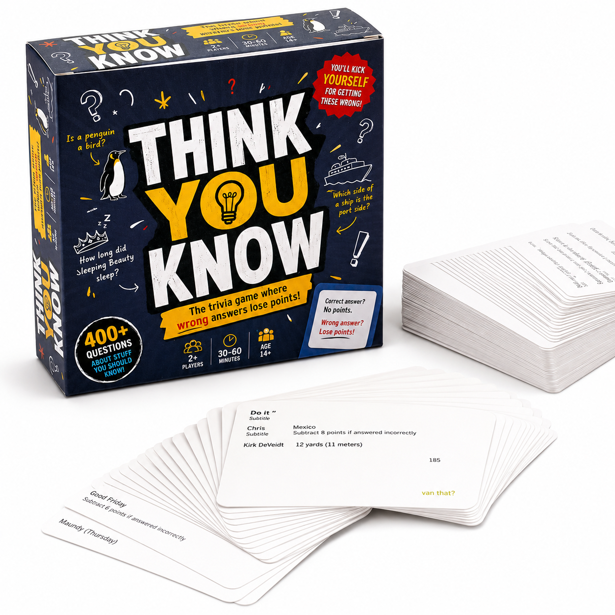 Funny Trivia Card Game Everyday Knowledge Challenge Brain Teaser Party Game Fast Thinking Question Battle Social Conversation Game Contains 110 Cards More Than 400 Questions Wrong Answers Lose Points Travel Friendly Family Gathering Game Replayable