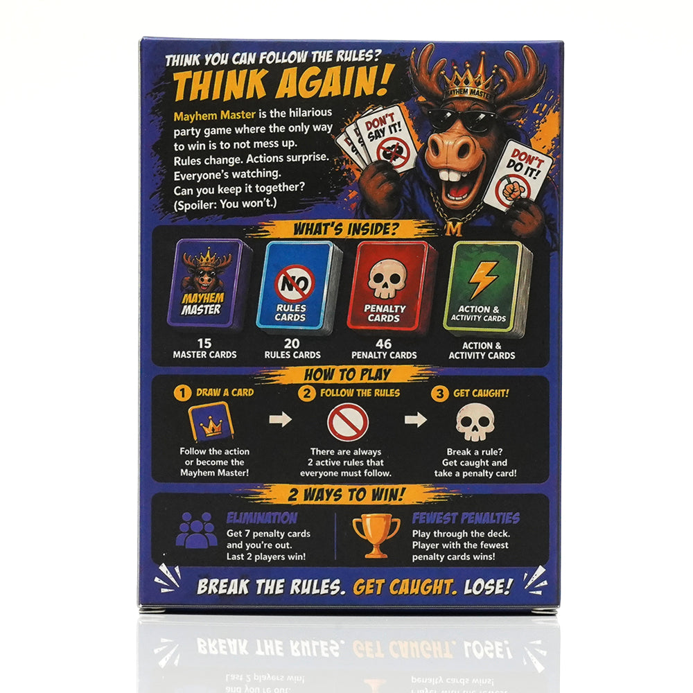 Mayhem Master Fast Reaction Card Game With 110 Cards Rule Breaking Challenges Memory Trap Gameplay Hilarious Social Interaction Quick Thinking Party Entertainment Chaotic Tabletop Fun Penalty Card Mechanics Fast Pace